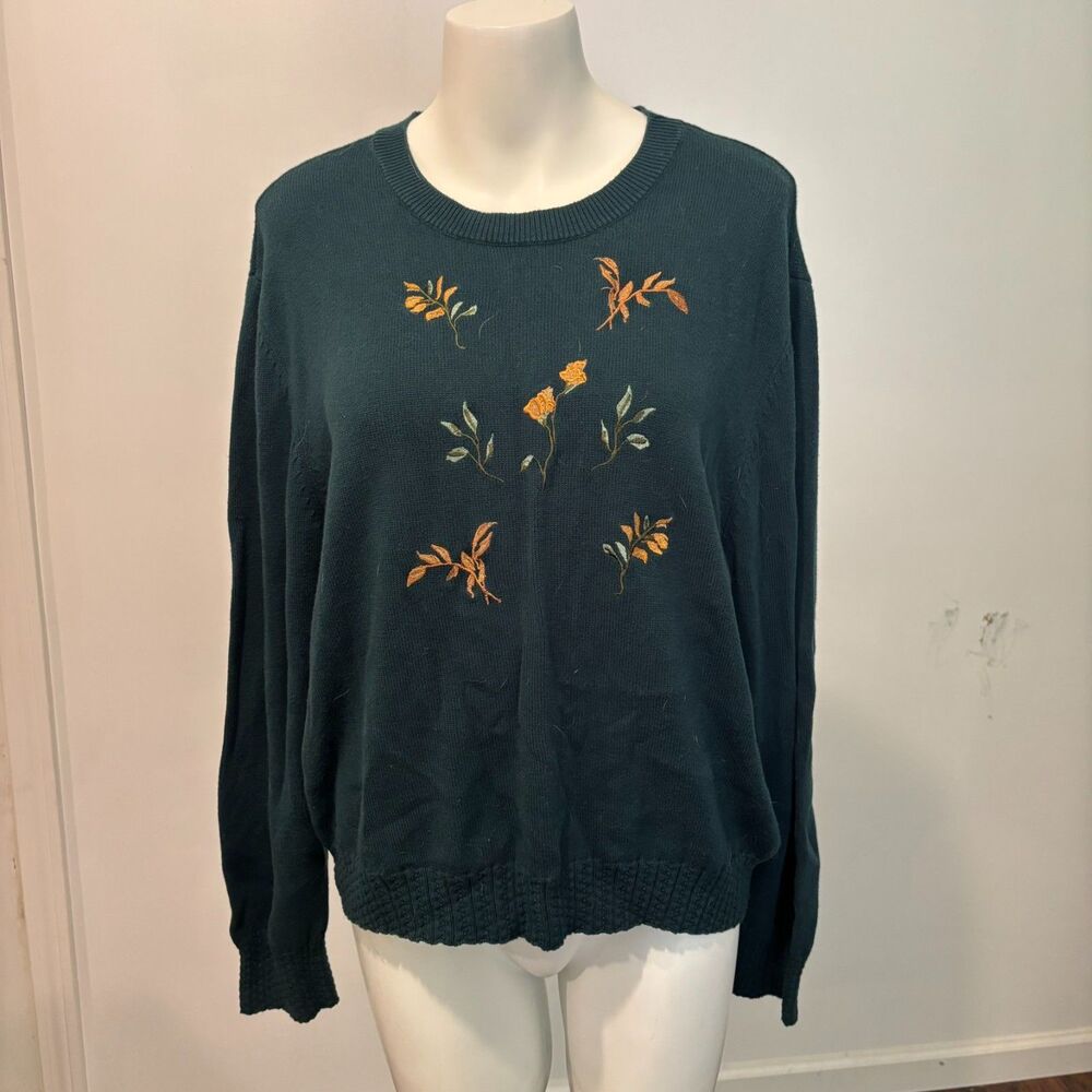Serengeti size XL Floral Embroidered 100% Cotton Dark Green Botanical Sweater